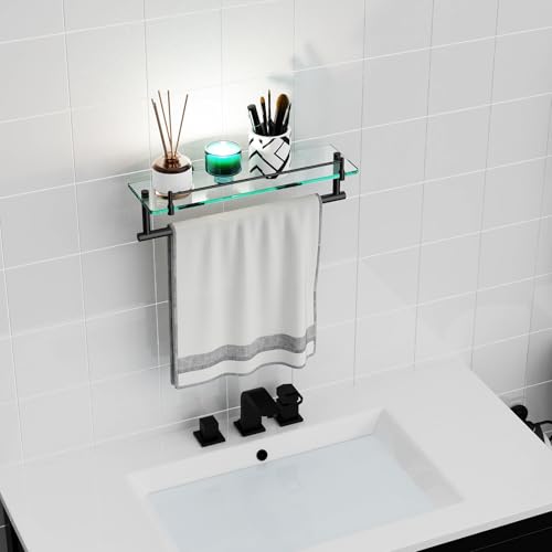 Bathroom Towel Rack with Tempered Glass Shelf 16 Inch, Matte Black Floating Wall Mount Storage - color: Matte Black, size: 16-inch with Railing