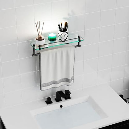 Bathroom Towel Rack with Tempered Glass Shelf 16 Inch, Matte Black Floating Wall Mount Storage - color: Matte Black, size: 16-inch with Railing