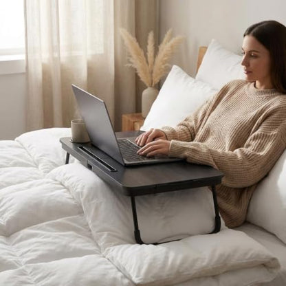 BUYIFY 23.4" Foldable Lap Desk Bed Table with Cup Holder Tray Black | Portable Folds Flat for Easy Storage, No Assembly Laptop Bed Desk, Sturdy and Lightweight, Patent Design - color: Black