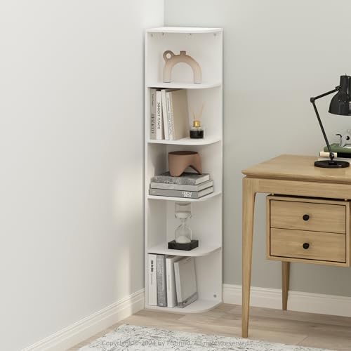 Furinno Reed Corner Shelf, 5-Tier Corner Bookshelf, Book Shelf, Corner Shelves, Storage Rack, for Organization and Storage, Home Office, Living Room, White - color: White, size: 5-Tier Corner