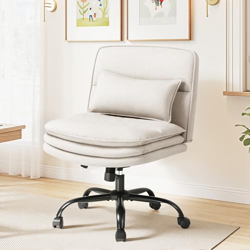 Furmax Criss Cross Legged Office Chair with Wheels, Armless Extra Wide Seat Swivel Desk Chair, Adjustable Height Comfy Task Chair with Thick Cushion for Home Office Bedroom Vanity (Fabric, Beige) - color: Beige