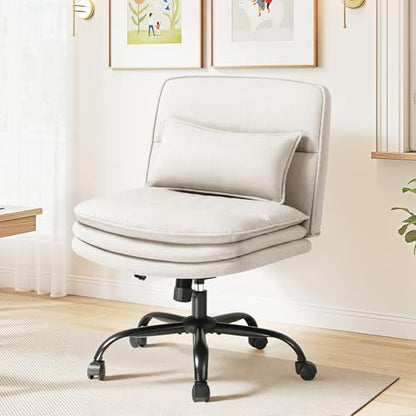 Furmax Criss Cross Legged Office Chair with Wheels, Armless Extra Wide Seat Swivel Desk Chair, Adjustable Height Comfy Task Chair with Thick Cushion for Home Office Bedroom Vanity (Fabric, Beige) - color: Beige