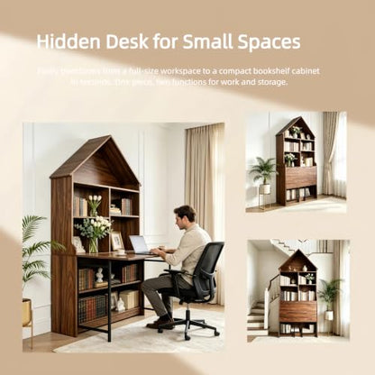 Folding A-Frame Bookshelf Narrow Bookcase with Hideaway Craft Desk Walnut | Convertible Hideaway Desk to Bookshelf for Small Spaces, Multifunctional Craft Table & Vanity - color: Natural Walnut