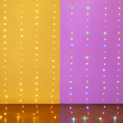 Curtain Lights 8ft x 6ft, 144 LED Warm White & Multi Twinkle Fairy String Lights Curtain Waterproof with Remote & Timer, USB Powered for Indoor Outdoor Wall Bedroom Backdrop Christmas Decor - size: Dual Color - 8ft x 6ft