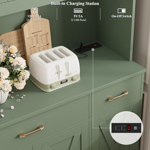 HOSTACK 71" Tall Kitchen Pantry Storage Cabinet, 55" W Kitchen Hutch, Green | Large Pantry Cabinet with Charging Station / Countertop / 3 Drawers, Farmhouse Hutch Cabinet with Storage for Dining Room - color: Green