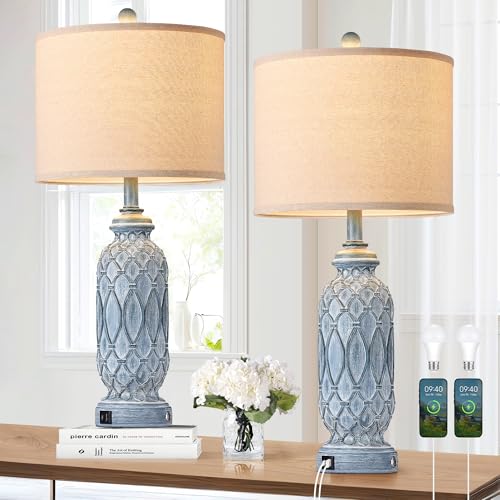 Farmhouse Lamps for Bedroom Set of 2, 28" Rustic Lamps for Living Room with USB Ports, 3-Way Dimmable Nightstand Table Lamp (Bulbs Included) - color: 3.Blue