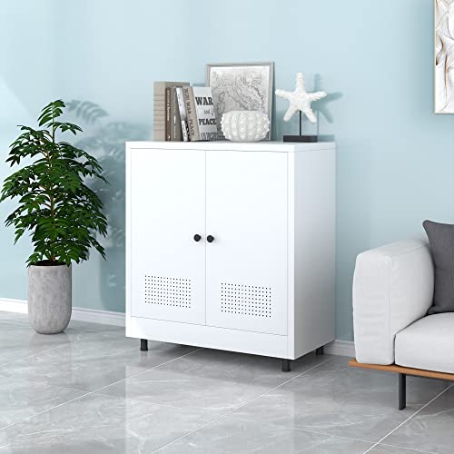 Metal Storage Cabinet with 2 Doors and Adjustable Shelf, Free Standing Accent Sideboard Buffet Cabinet for Home, Office, Entryway, Hallway, Living Room, Kitchen and Dining Room (White) - color: White