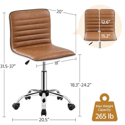 Topeakmart Ribbed PU Leather Armless Desk Chair, Swivel Chair, Retro Brown | Cushioned ribbed PU leather low-back seat slides neatly under desks. Seat height adjusts 18.3–24.2 in, quick assembly for use - color: Retro Brown