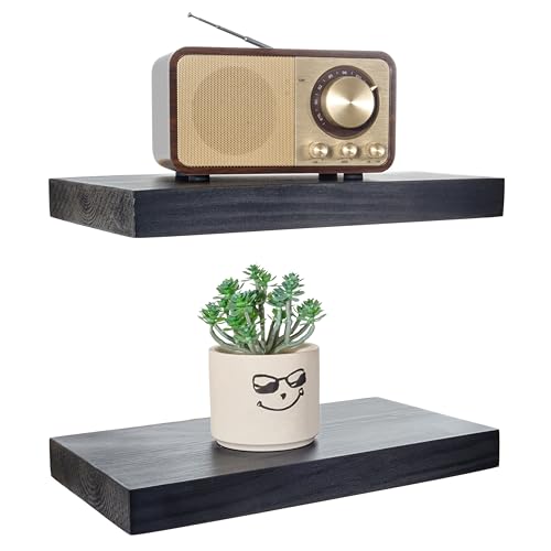 BGMG Wood Floating Shelves 12 inch,Black Floating Shelves,Solid Wood Wall Shelves for Bathroom Living Room Bedroom Kitchen Farmhouse Set of 2-12x 6.7 x1.25 inch - color: Black, size: 12 inch