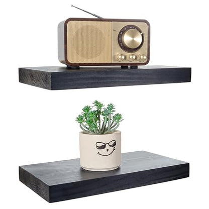 BGMG Wood Floating Shelves 12 inch,Black Floating Shelves,Solid Wood Wall Shelves for Bathroom Living Room Bedroom Kitchen Farmhouse Set of 2-12x 6.7 x1.25 inch - color: Black, size: 12 inch