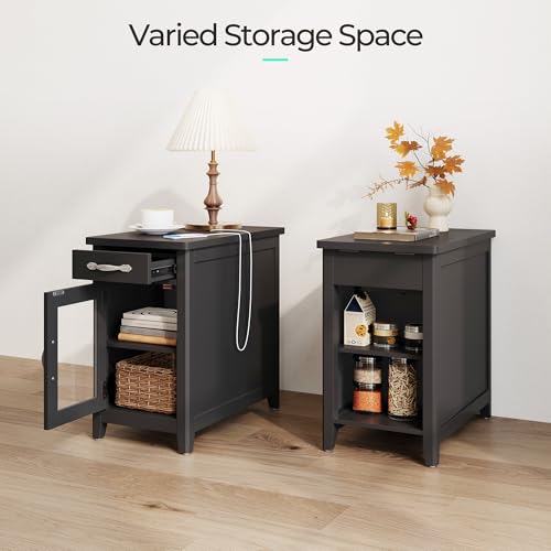 LINSY HOME End Table with Charging Station, Side Table for Bedroom with Drawer and Detachable Holder, Storage Shelf with Glass Door, Extra Storage & Display Space, Small Nightstand for Living Room | Built-in Charging Station with USB & Outlet, Drawer Stor