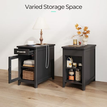 LINSY HOME End Table with Charging Station, Side Table for Bedroom with Drawer and Detachable Holder, Storage Shelf with Glass Door, Extra Storage & Display Space, Small Nightstand for Living Room | Built-in Charging Station with USB & Outlet, Drawer Stor