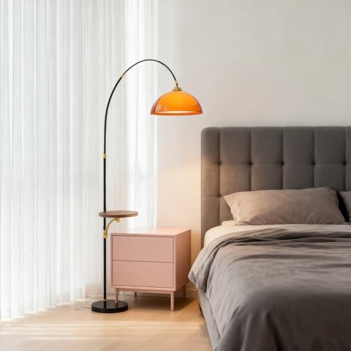 Arc Floor Lamp with Wood Tray,Over Couch Lamp,2-Tier Arcylic Shade | Adjustable Lighting Direction,Mid Century Modern Style,Stable Metal Base,Handy Storage,for Living Room Bedroom Office - color: Desk