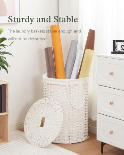 SETVSON Laundry Basket with Lid Round PE Rattan Laundry Hamper, White | 110L Large Woven Basket with Lid, Removable Washable Liner Bag, 2 Mesh Laundry Bags, Foldable Long Side Handles Versatile - color: White, size: 110 L