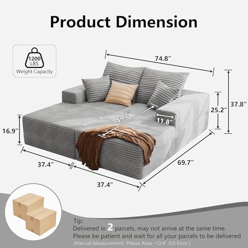 Oversized Double Chaise Lounges Indoor - 74.8" Upholstered Boneless Cloud Stupendous Oversized Chaise Lounge Couch Luxury Sofa Bed Deep Seat - Plush Corduroy Lounge Chair,2 Pieces,Grey - color: Grey