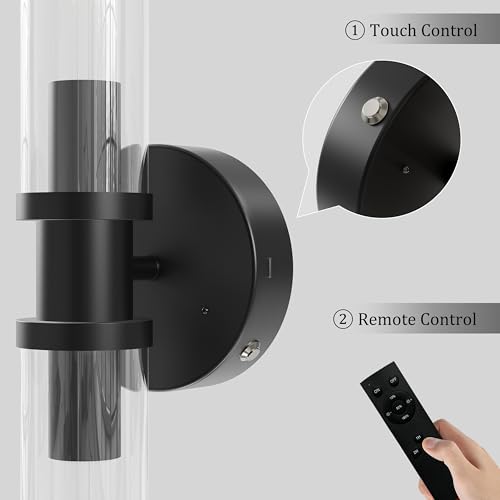 Rayogale Black Wireless Battery Operated Wall Sconces with Remote Control | Glass Rechargeable Wall Lights Set of 2 with Timer Function Dimmable for Living Room Bedroom Emergency 3000K, 20.5 Inch - color: Black(Clear Tubular Lampshade)