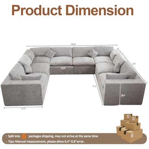 146''Cloud Boneless Sectional Couch, Modular Sectional Sofa Deep Seat, Oversized Upholstered Convertible Comfy 8 Seater Chenille Memory Foam Sofa U Shape Couches for Living Room, Light Grey - color: Light Grey, size: 146"/8 Seater
