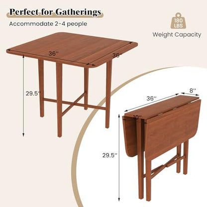 COSTWAY Square Drop Leaf Dining Table, 36" Compact Folding Kitchen Table | Solid Rubber Wood Legs, Farmhouse Extendable Table for for 2-4 People, Dining Room, Small Space, Apartment, Walnut - color: Walnut