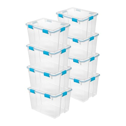 Sterilite Gasket Storage Box with Lids for Home & Office, 80 Quart, 8-Pack | Heavy-Duty, Stackable, and Organizing Containers for Bathroom, Cabinet, Closet, and Garage, Clear and Blue Aquarium Latches - size: 80 Quart, style: 8 Pack