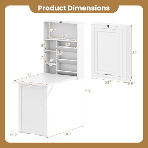 Giantex Wall Mounted Desk, Foldable Convertible Computer Desk with Storage Shelves, Space Saving Fold Out Table, Folding Floating Writing Desk for Small Spaces, Home Office, Bedroom, Apartment (White) - color: White