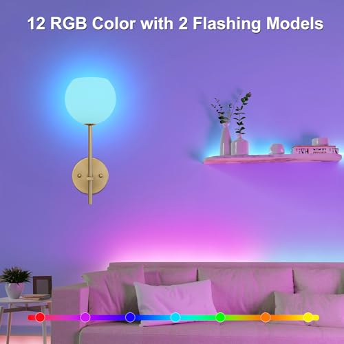 Gold Battery Operated Wall Sconces Set of 2, Rechargeable Wireless Wall Lights with Milky White Frosted Glass Shade, 12 RGB and 3CCT Dimmable, Wall Lamps with Remote for Bedroom Living Room Hallway - color: Gold