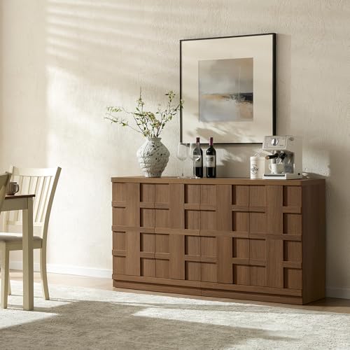 VividVibe Sideboard Buffet Cabinet with Storage, 62.6”W Credenza Storage Cabinet, Large Cabinet with 6 Compartments, Console Table for Dining Room, Kitchen, and Living Room, Entryway (Brown Oak) - color: Brown Oak