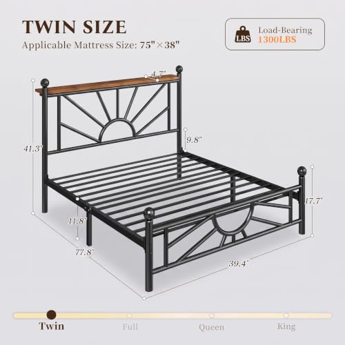 Homkdom Twin Metal Bed Frame with Victorian Headboard & Storage Shelf | Under-Bed Storage for Teens Room & Apartments, Slip Resistant, LED lights, No Box Spring Needed, 1300lbs stability, Black - color: Black, size: Twin