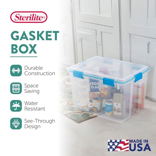 Sterilite Gasket Storage Box with Lids for Home & Office, 80 Quart, 16-Pack | Heavy-Duty, Stackable, and Organizing Containers for Bathroom, Cabinet, Closet, and Garage, Clear and Blue Aquarium Latches - size: 80 Quart, style: 16 Pack