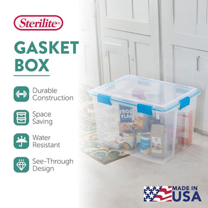 Sterilite Gasket Storage Box with Lids for Home & Office, 80 Quart, 16-Pack | Heavy-Duty, Stackable, and Organizing Containers for Bathroom, Cabinet, Closet, and Garage, Clear and Blue Aquarium Latches - size: 80 Quart, style: 16 Pack