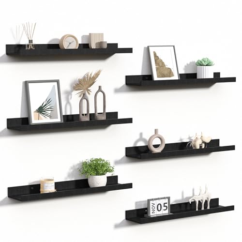 upsimples Floating Shelves for Wall Decor and Storage, Black, 6Pcs 23.6'' | Wall Mounted Wood Shelves for Living Room, Bedroom, Bathroom, Kitchen, Office, Nursery Room, Coffee Bar Display and Organize - color: Black, size: 23.6in