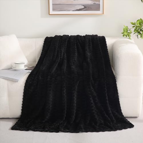 Puncuntex Black Throw Blanket 50"×60" inches Fuzzy 3D Jacquard Decorative | Flannel Fleece Super Soft Plush Cozy Blanket for Couch Sofa Chair Lightweight - color: Black, size: 50"×60”