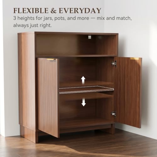 Buffet Cabinet with Storage, 31.5" Wide Kitchen Sideboard, Walnut | Mid Century Modern Wood Fluted Cabinet with Doors& Adjustable Shelves for Entryway Living Room Hallway Coffee Bar Dining Room - color: Walnut
