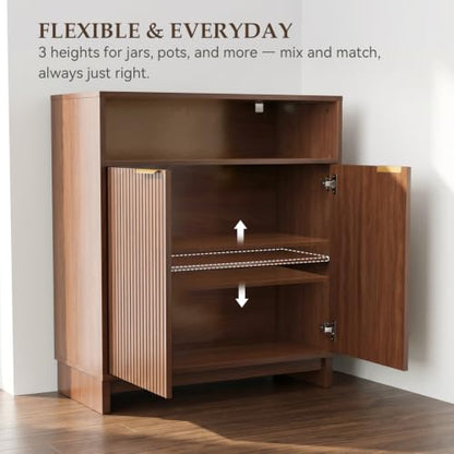 Buffet Cabinet with Storage, 31.5" Wide Kitchen Sideboard, Walnut | Mid Century Modern Wood Fluted Cabinet with Doors& Adjustable Shelves for Entryway Living Room Hallway Coffee Bar Dining Room - color: Walnut