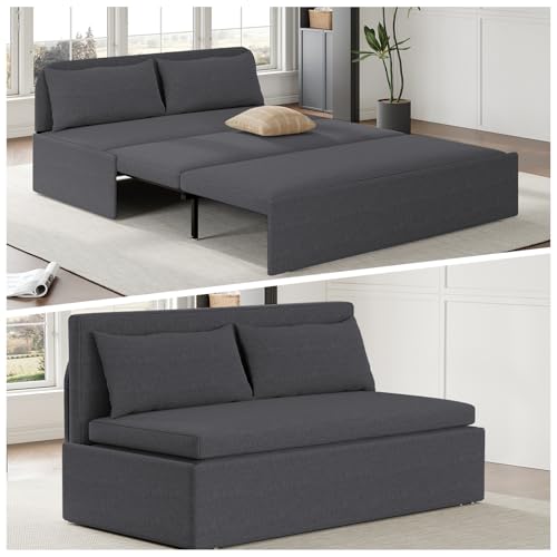 64.2" Queen Size Pull Out Sofa Bed，3-in-1 Linen Convertible Sleeper Sofa Bed,Loveseat Pullout Bed with Pillows and Tri-fold Mattress for Small Space/Bedroom,Dark Grey - color: Dark Grey, size: Queen