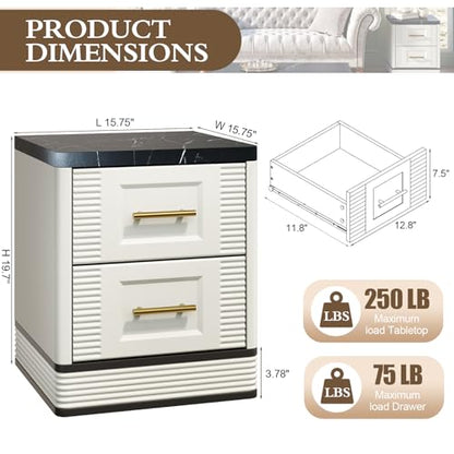 RECHHX Small Dresser for Bedroom, Farmhouse Marble-Effect Nightstand with 2 Drawer for Narrow Spaces, Thermoformed Curved End Table for Bedroom, Living Room, White