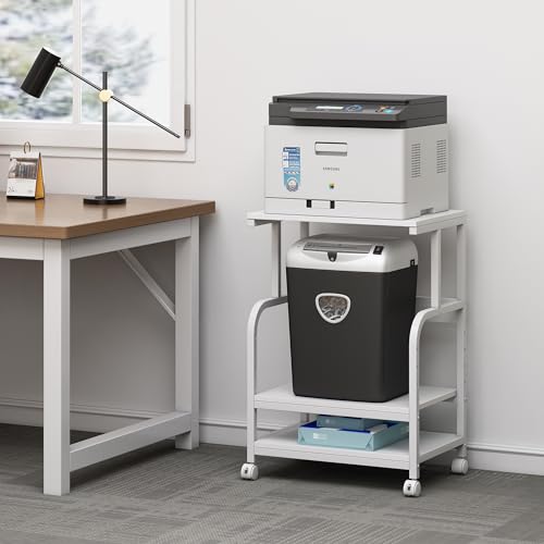 Fannova White Printer Stand Table with Height Adjustable Storage Shelf | 3 Tier Rolling Printer Cart with Wheels, Dual Printer Stand, Printer Side Table for Home Office Organization - color: White