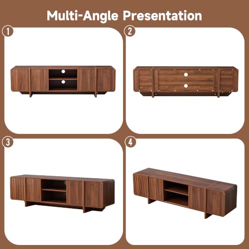 70'' Fluted Wood TV Stand with Storage Fits Up to 80 Inch TV | Mid-Century Modern Media Console with Open Shelves & Cable Holes Low TV Entertainment Center for Living Room Bedroom (Walnut)