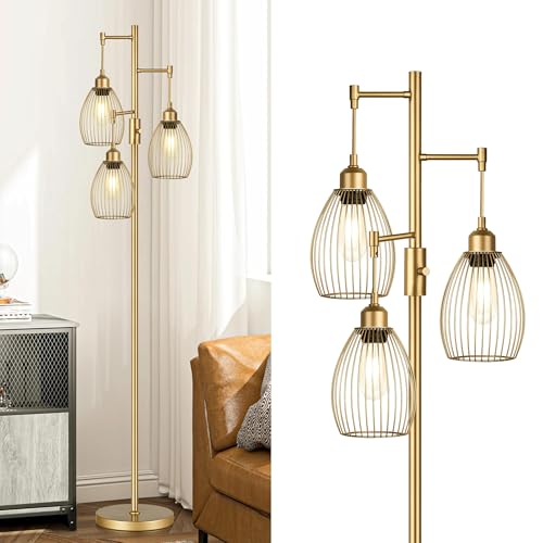 Dimmable Floor Lamp, Industrial Floor Lamps for Living Room, Gold Tree Lamp Standing Lamp Tall Lamps with 3 Elegant Teardrop Cage Head & 800 Lumens LED Bulbs for Living room Bedroom Office Dining Room - color: Gold-70 inches