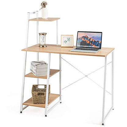 Tangkula Computer Desk with 4 Tier Shelves, Writing Desk Study Desk, Compact Computer Desk Workstation with X-Shaped Metal Frame & Adjustable Foot Pads, Home Office Desk (Natural) - color: Natural & White