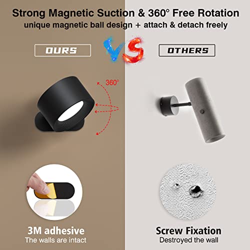 AKSDA Battery Operated Wall Sconce, LED Reading Light, 360-Degree Rotation Magnetic Mounting Rechargeable Cordless Wall Lights with Dimmable 3 Color Temps Touch Control for Bedroom Hallway, 1 Pack - color: Black-1PC