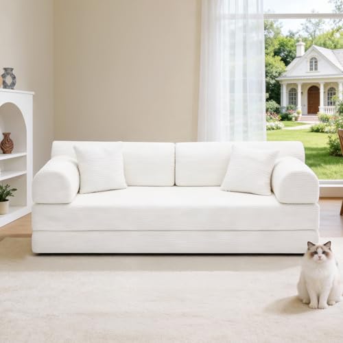 KEIKI 4-in-1 Folding Convertible Sofa Bed, 78" Oversized Loveseat Sleeper with Pull Out Bed, Corduroy Upholstered Boneless Apartment Size Couch for Living Room, Chaise Lounge Bedroom Furniture, Beige - color: Beige