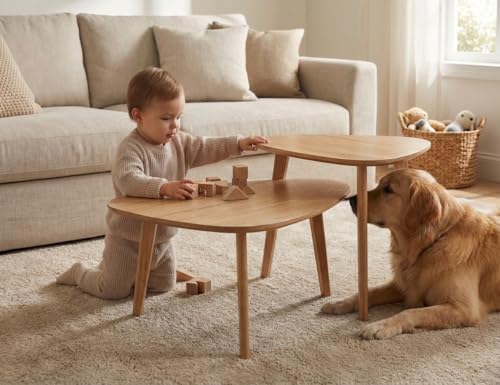 Nesting Coffee Table Set of 2-Mid Century Modern Coffee Table | Guitar Pick Stacking Tables with Solid Wood Legs,Small Coffee Tables for Small spaces,Living Room,Balcony - color: Natural