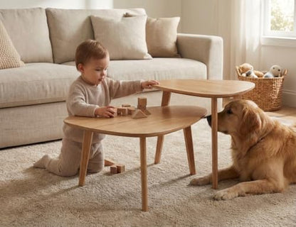 Nesting Coffee Table Set of 2-Mid Century Modern Coffee Table | Guitar Pick Stacking Tables with Solid Wood Legs,Small Coffee Tables for Small spaces,Living Room,Balcony - color: Natural