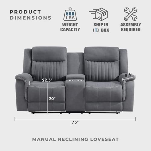 Lexicon 75" W Manual Double Reclining Loveseat with Center Console, Gray | Polished Microfiber Manual Wall Hugger Loveseat Recliner, Cup Holders, for Living Room, Tool Free Assembly - color: Grey, size: Reclining Loveseat
