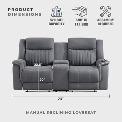 Lexicon 75" W Manual Double Reclining Loveseat with Center Console, Gray | Polished Microfiber Manual Wall Hugger Loveseat Recliner, Cup Holders, for Living Room, Tool Free Assembly - color: Grey, size: Reclining Loveseat
