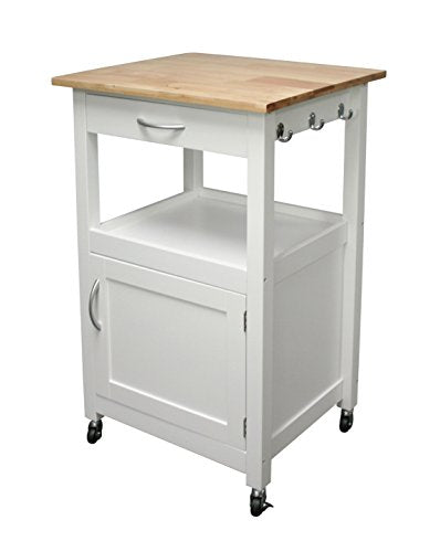 Kitchen Island Cart on Wheels, White Base | Drawer, Storage Cabinet, Shelf, Natural Solid Hardwood Top - color: White