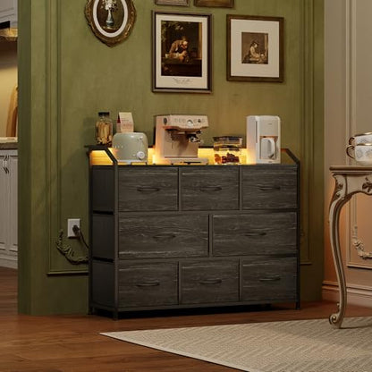WLIVE Dresser for Bedroom, 8 Drawer LED Dresser, Black Wood Grain | 8 roomy fabric drawers, LED ambient lighting, Built-in power outlet, Bedroom or living room, Chest of drawers - color: Charcoal Black Wood Grain Print, style: 8 Drawers with LED