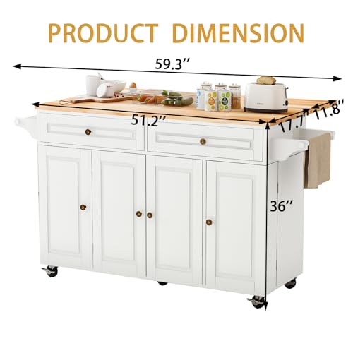 Kitchen Island Cart with Storage on Wheels, 59" Large Rolling Kitchen Island with Drop Leaf, Mobile Island for Kitchen with Towel Rack, Drawers for Dining Room, White - size: 59.3" W, style: White
