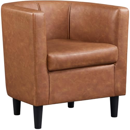 Yaheetech Barrel Accent Chair, Mid Century Armchair, Brown | Faux Leather Chair with High-Density Foam Seat, Upholstered Barrel Sofa Chair for Living Room Bedroom Waiting Room - color: Brown, size: Set of 1