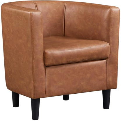 Yaheetech Barrel Accent Chair, Mid Century Armchair, Brown | Faux Leather Chair with High-Density Foam Seat, Upholstered Barrel Sofa Chair for Living Room Bedroom Waiting Room - color: Brown, size: Set of 1